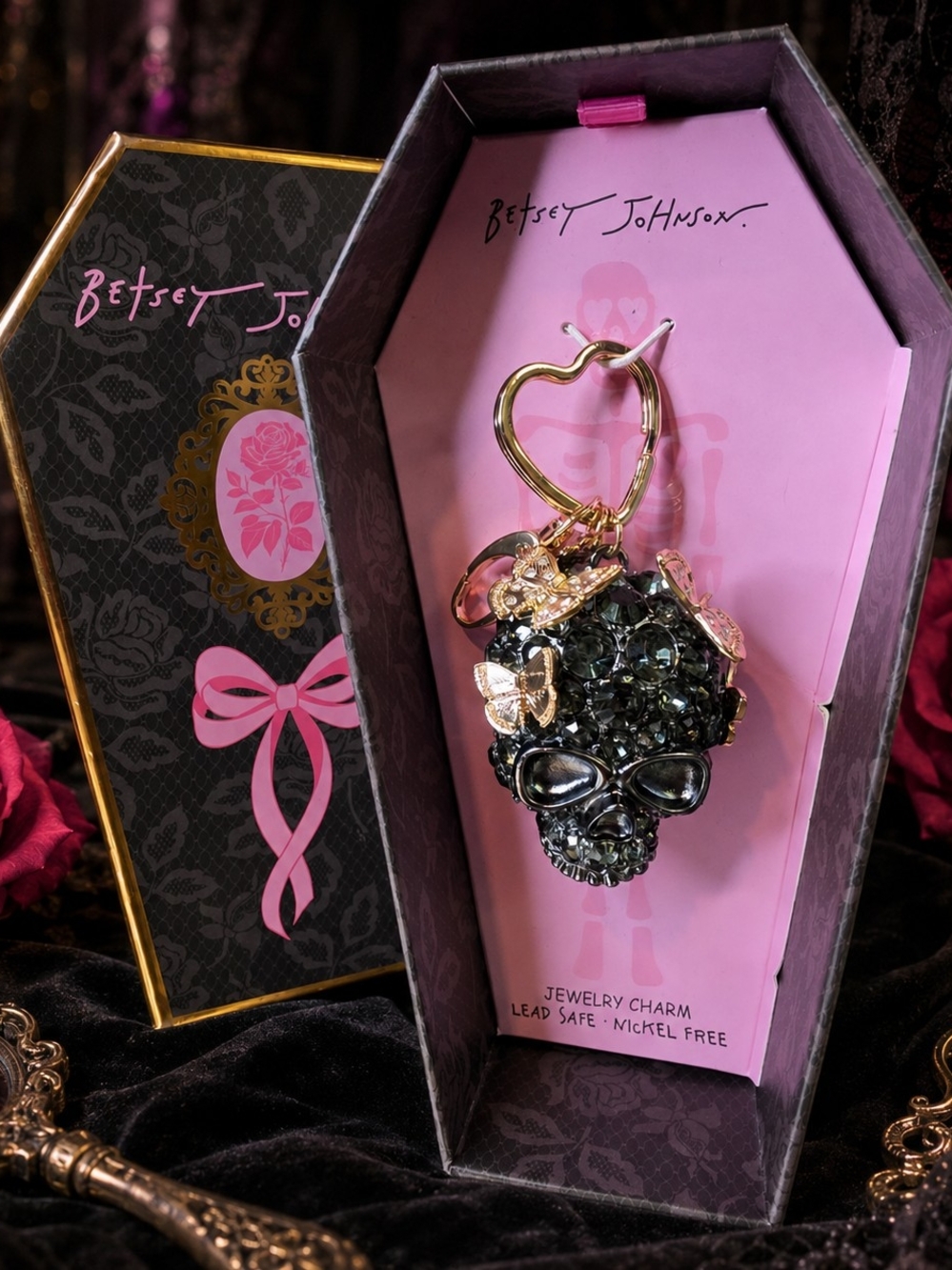 Betsey Johnson Black Crystal Skull Charm with Gold Accents, NWT